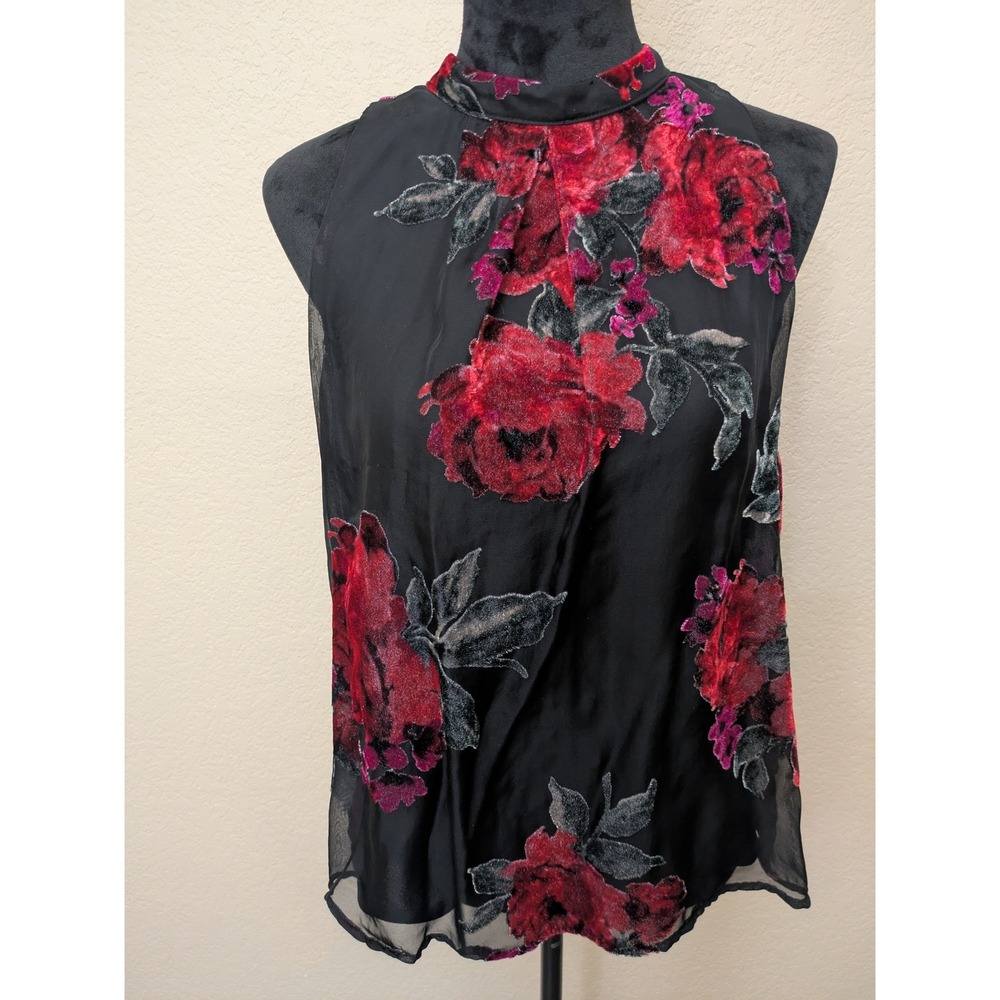 By & By Womens XL Mock Neck Sleeveless Burnout Velvet Floral Blouse Black Red